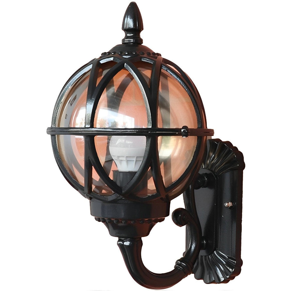 Bird's Nest Outdoor Wall Lantern – white background, black finish, lit