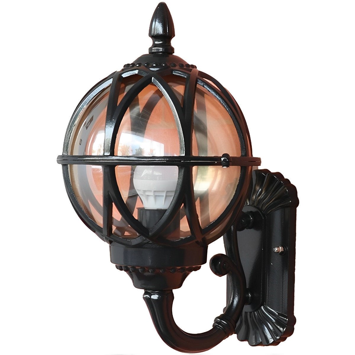 Bird's Nest Outdoor Wall Lantern – white background, black finish, lit