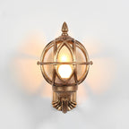 Bird's Nest Outdoor Wall Lantern – white background, antique brass finish, lit
